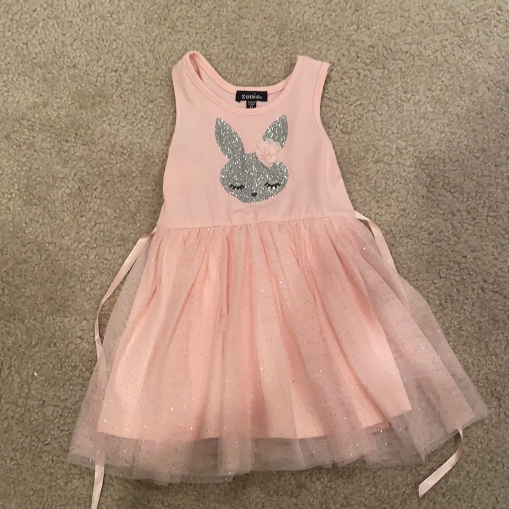 Girls pink dress w tulle skirt and glitter bunny